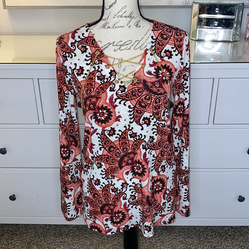 NWOT  Michael Kors Cream, and Black Boho Chic Print Long Sleeve Top Size XS